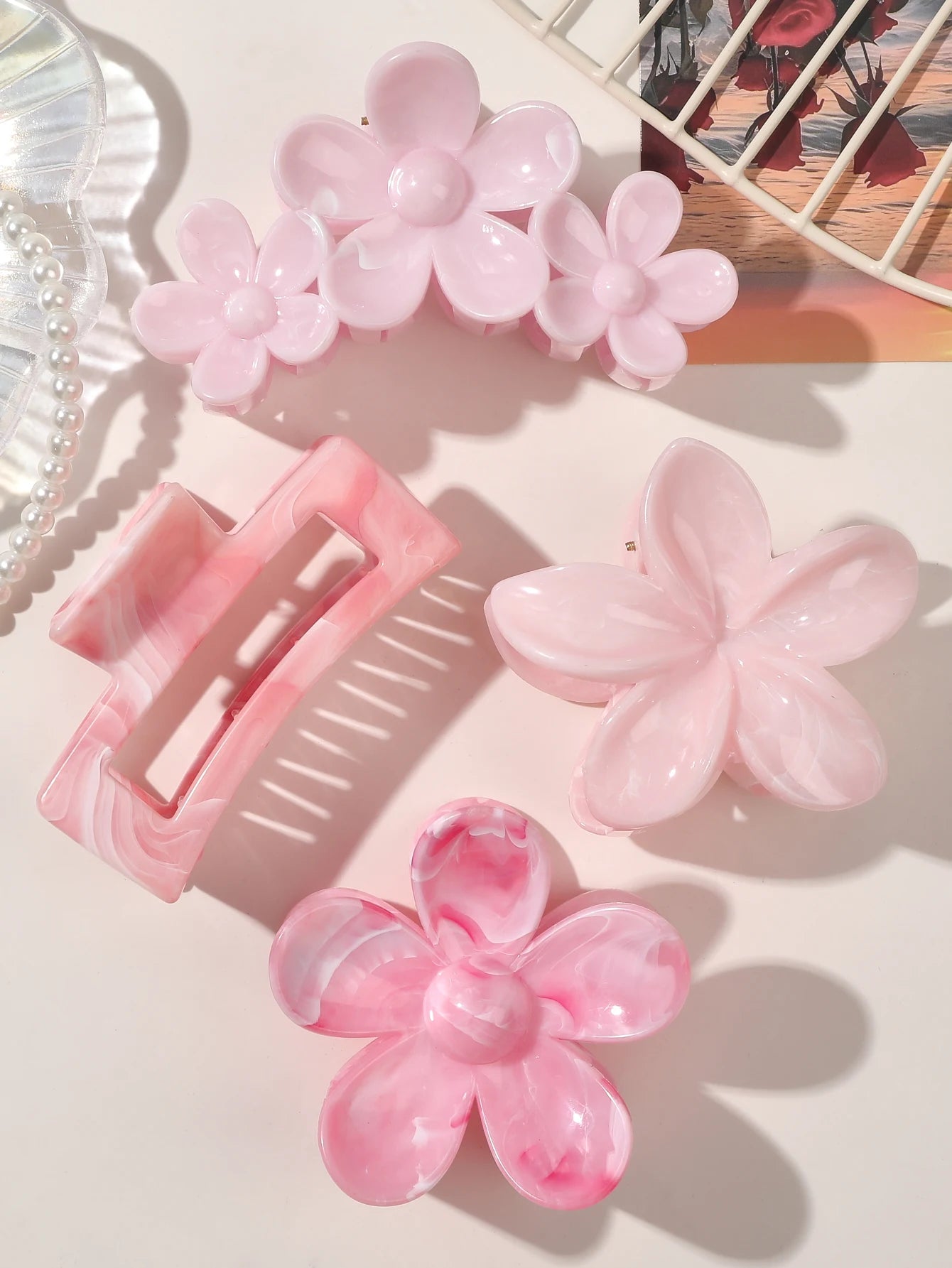 4Pcs Pink Colors Hair Claw Clips Accessories with Multi-Styles, Flower Claw Clips for Thick Hair, Hair Clips for Women Non Slip